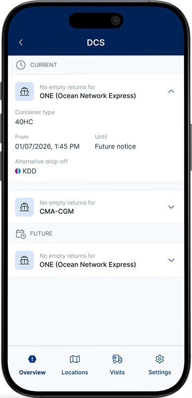 Port Alert app showing empty container details