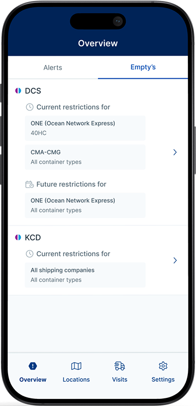 Port Alert app showing empty container information